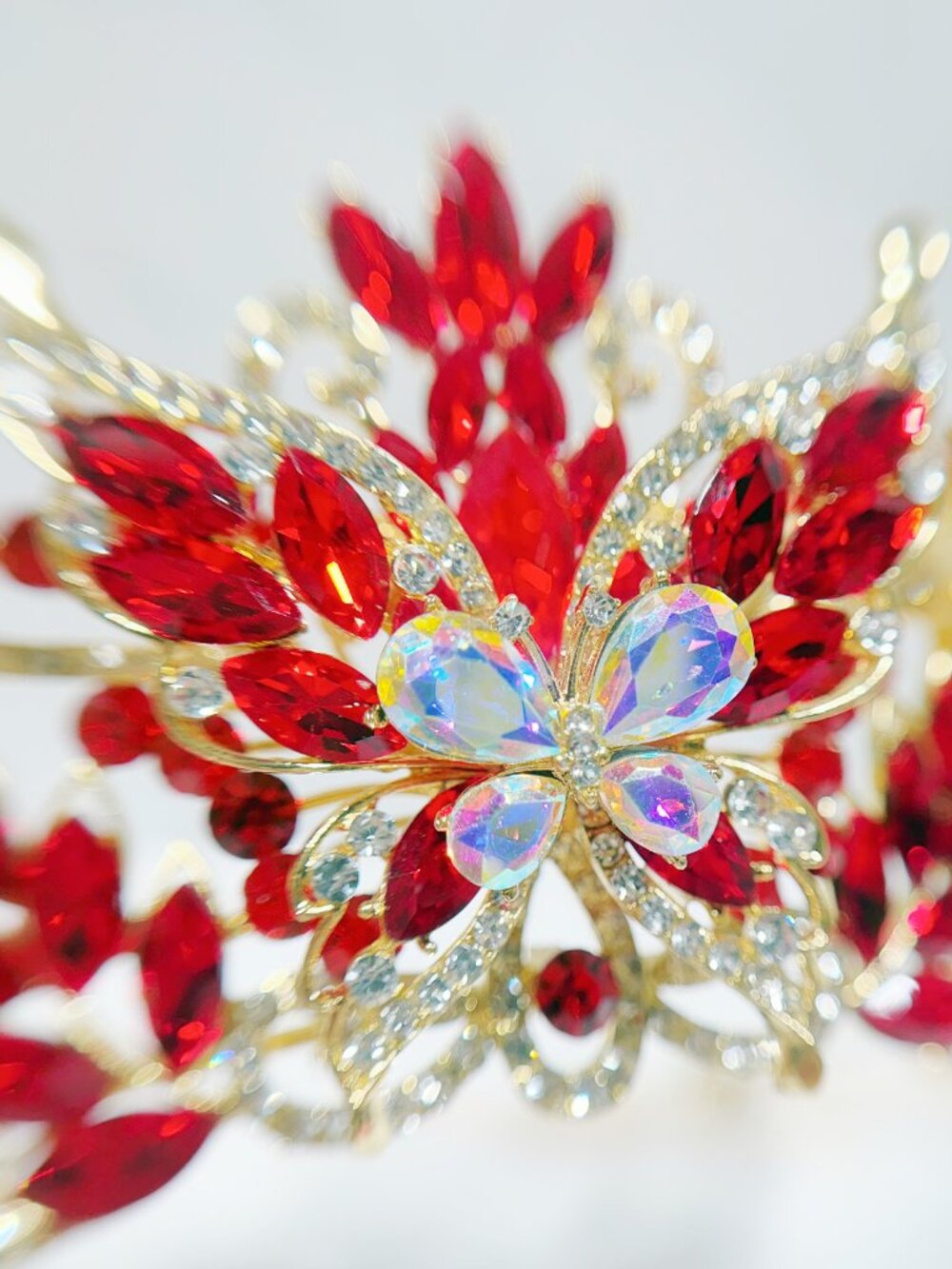 Red Crystal Butterfly Tiara Crown Gold Tone Pageant Prom Wedding Headpiece - Picture 2 of 8